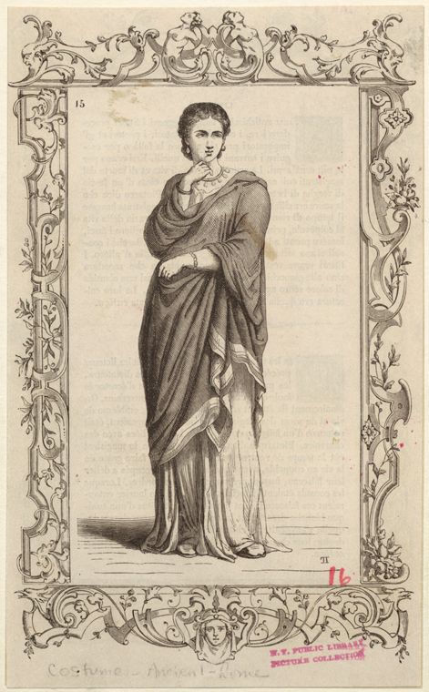 the image is a vintage illustration of a woman in ancient roman costume. she is depicted standing within an ornate, rectangular frame decorated with floral and classical motifs. the woman wears a long, draped garment with a wrap, indicative of roman fashion. her hair is styled in a simple updo, and she wears jewelry such as a necklace and bracelet. the frame adds a decorative element to the illustration. the image likely originates from a historical fashion or costume book or print.