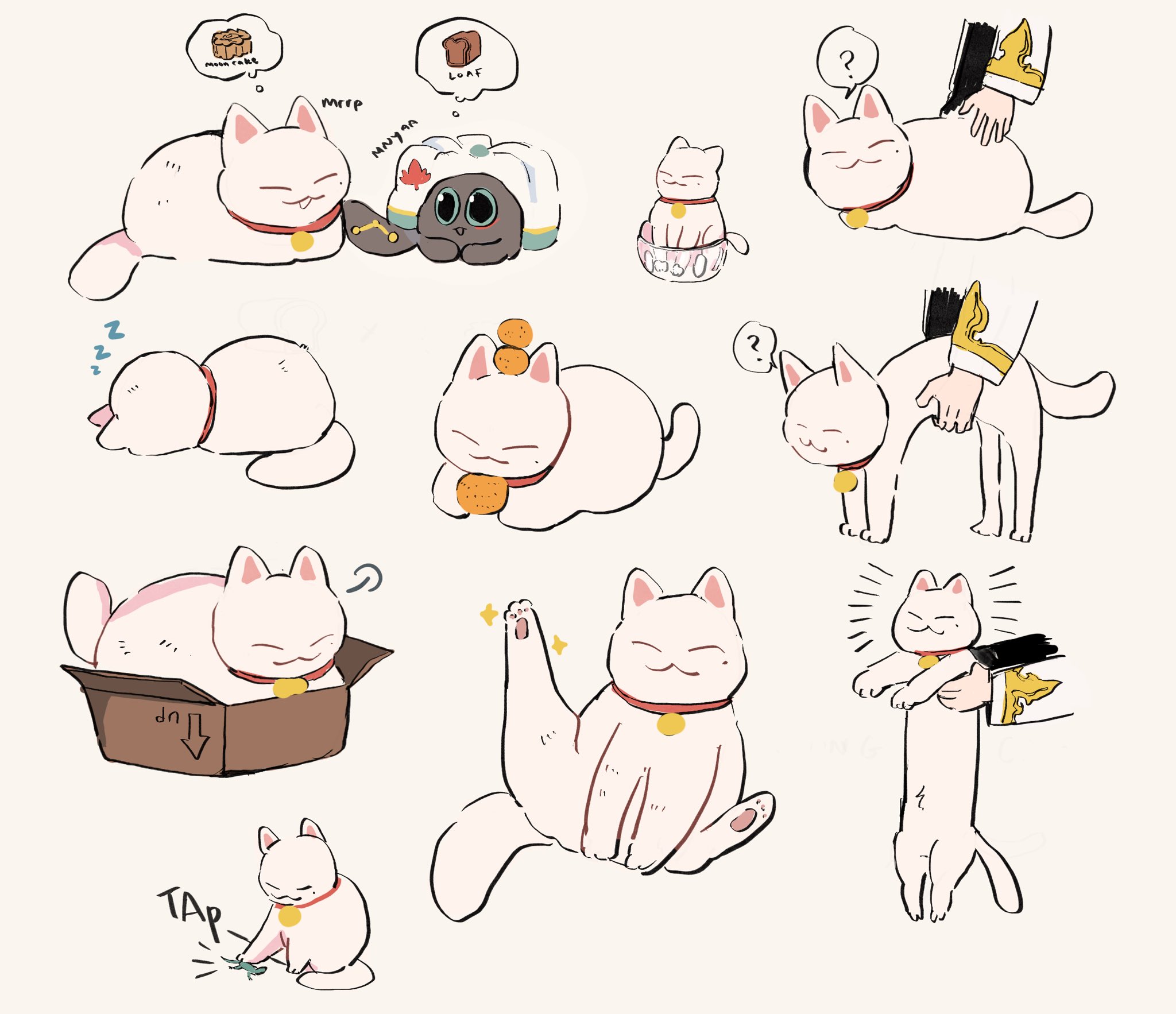 the image is a collection of handdrawn illustrations featuring a white cat in various poses and activities.  each image depicts the cat with a playful and lighthearted demeanor.  the cat is depicted sitting, standing, sleeping, stretching, and playing with various items like a box, a loaf of bread, and a piece of yarn. the illustrations are created in a simple and charming style with soft colors and rounded shapes.  the overall tone of the image is cheerful and heartwarming, capturing the playful nature of cats.