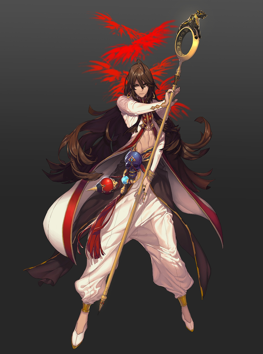 the illustration features a male fantasy character with long brown hair, wearing flowing white and brown robes. he stands in a dynamic pose against a dark background, holding a long staff topped with a golden ring and a red phoenixlike symbol. the character's attire suggests an egyptianinspired aesthetic, and his confident stance with the staff implies magical abilities. the dramatic lighting emphasizes the character and creates a sense of action and power.