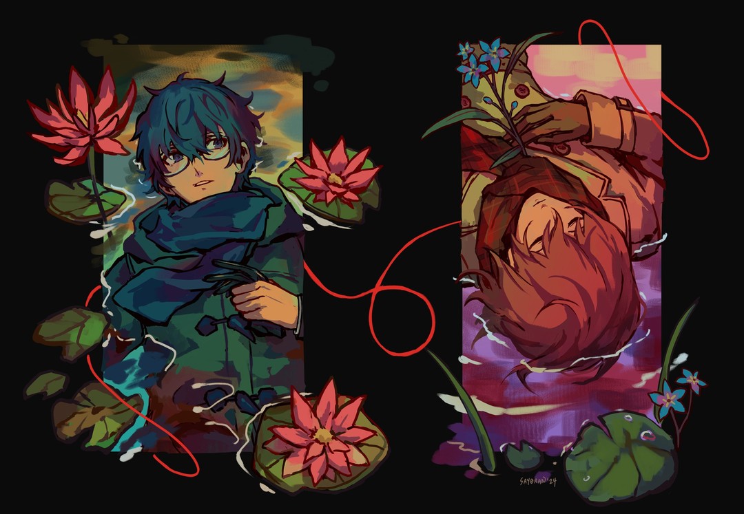 the artwork features two animestyle male characters depicted in separate, bordered panels. both are partially submerged in a body of water filled with water lilies and lotus blossoms.  a thin red thread visually connects them, suggesting a bond or fate. the character on the left has short, blue hair, glasses, and wears a dark green coat and scarf. he appears contemplative. the character on the right has longer, reddishbrown hair and wears a brown coat. he is lying back in the water, seemingly at peace. the overall style is painterly and expressive, with a blend of realism and fantasy elements, set against a dark background. the color palette is rich and varied, with contrasting hues emphasizing the characters and flowers. the artist's signature, "sayoran94," is subtly placed near the bottom right.