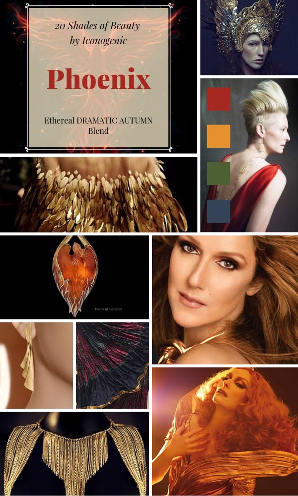 the image is a collage with the theme "phoenix" by iconogenic. it features various photos and design elements associated with beauty, style, and fashion, with a color palette of reds, oranges, greens, and blues. it includes images of women wearing golden accessories, feathers, and dramatic outfits. there's also a phoenixshaped object and a set of color swatches.