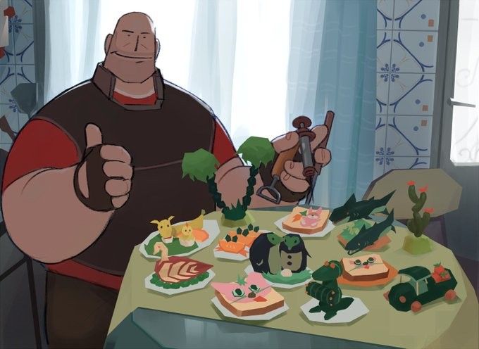 the image is a digital illustration or fanart depicting the heavy weapons guy from the video game team fortress 2. he's a large, jovial character with a thumbsup gesture. he's seated at a table laden with an elaborate display of miniature food art, meticulously crafted to resemble various animals (sharks, birds) and other small objects presented on sandwiches and small plates. he's holding a small soldering tool, suggesting he's the creator of these tiny food sculptures. the overall style is cartoonish and whimsical, with bright colors and a high level of detail in both the character and the food.  the background features a simple, slightly stylized home interior.