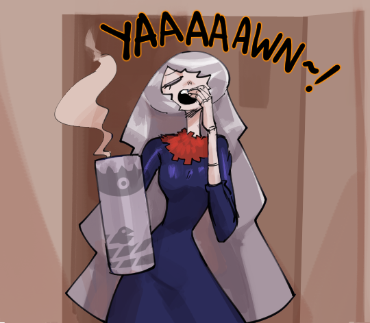 an animestyle girl,  with long, gray hair, is standing by a wooden wall. she has on a long, blue dress with a red, stylized floral collar. she's yawing, and has a cloud of smoke or fog coming from her mouth. she's holding a white cylinder object in her right hand. behind her, a large white speech bubble with black writing inside states  "yaaaawn". the background is a light brown color.