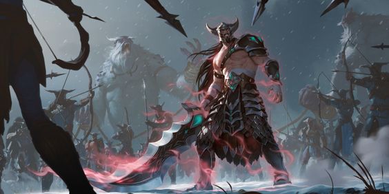 a fierce warrior, clad in dark armor and wielding a large, glowing sword, stands amidst a snowy battlefield. he is surrounded by his army, who are charging into battle against a backdrop of towering mountains. the lighting is dramatic and moody, highlighting the warrior's imposing figure and the chaos of the battle.