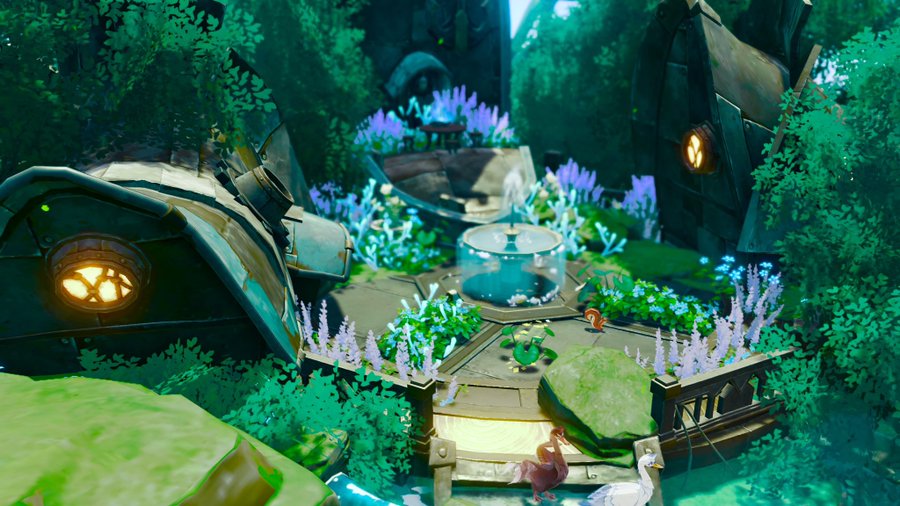 he image showcases a digital rendering of a fantastical, overgrown garden scene, possibly from a video game.  the garden is nestled within a lush, tealtoned forest, featuring whimsical architecture.  intricate structures, resembling ruins or whimsical homes, are partially concealed by dense vegetation. a central feature is a circular fountain or basin, surrounded by vibrant blue and purple flowers.  the overall style is mystical and serene, with a dreamlike quality to the lighting and color palette. a small creature, possibly a squirrel, and a swan are visible near the water.  the scene is richly detailed and evokes a sense of discovery and wonder.