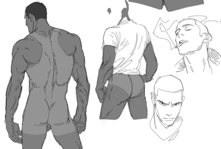the image contains several grayscale sketches of a male figure.  the main focus is a detailed back view of a muscular man from the back, emphasizing his anatomy. there are also sketches showing the same figure from the side, wearing a casual tshirt and pants, and a separate drawing of his head and shoulders showcasing different facial expressions.  another sketch depicts a man smoking. the style is loose and expressive, consistent with quick character design studies.