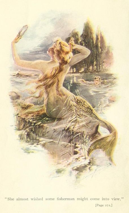 the illustration depicts a mermaid seated on a rock along the shore of a lake. her tail is submerged in the water, while she sits with her back to the viewer and uses a hand mirror to adjust her hair. behind her, a man is shown swimming in the water, presumably a fisherman. the scene is framed by a natural landscape of trees and foliage. the illustration is likely from a children's book, featuring a beautiful and whimsical depiction of the mermaid.