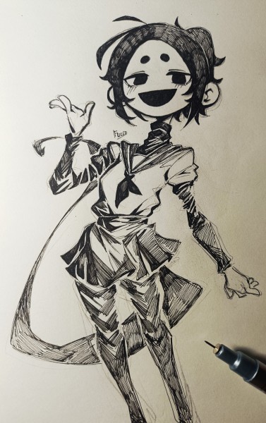 a black and white sketch of an anime girl in a sailor uniform with her hair pulled back. she has a large smile on her face.