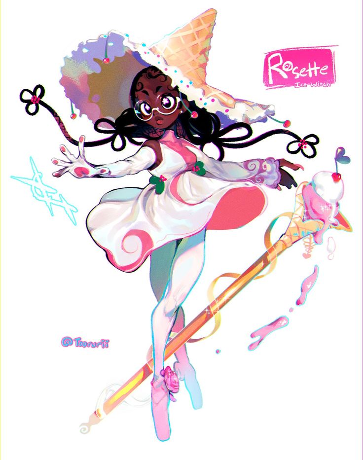 this illustration depicts a young anime girl dressed as a witch, with a waffle cone hat. she is holding a magic wand made out of ice cream, and wearing a pink and white dress. she is surrounded by a cloud of magical energy. the background is white and the overall style of the art is cute and whimsical.