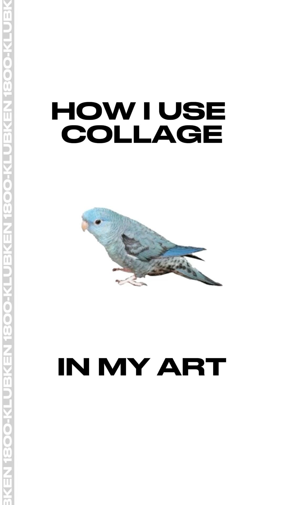 the image is a minimalist digital design showcasing a blue parakeet illustration against a white backdrop. bold black text proclaims "how i use collage" at the top and "in my art" at the bottom. the overall style is clean, modern, and graphic in nature, possibly intended as a piece of promotional material demonstrating the artist's use of collage in their work.