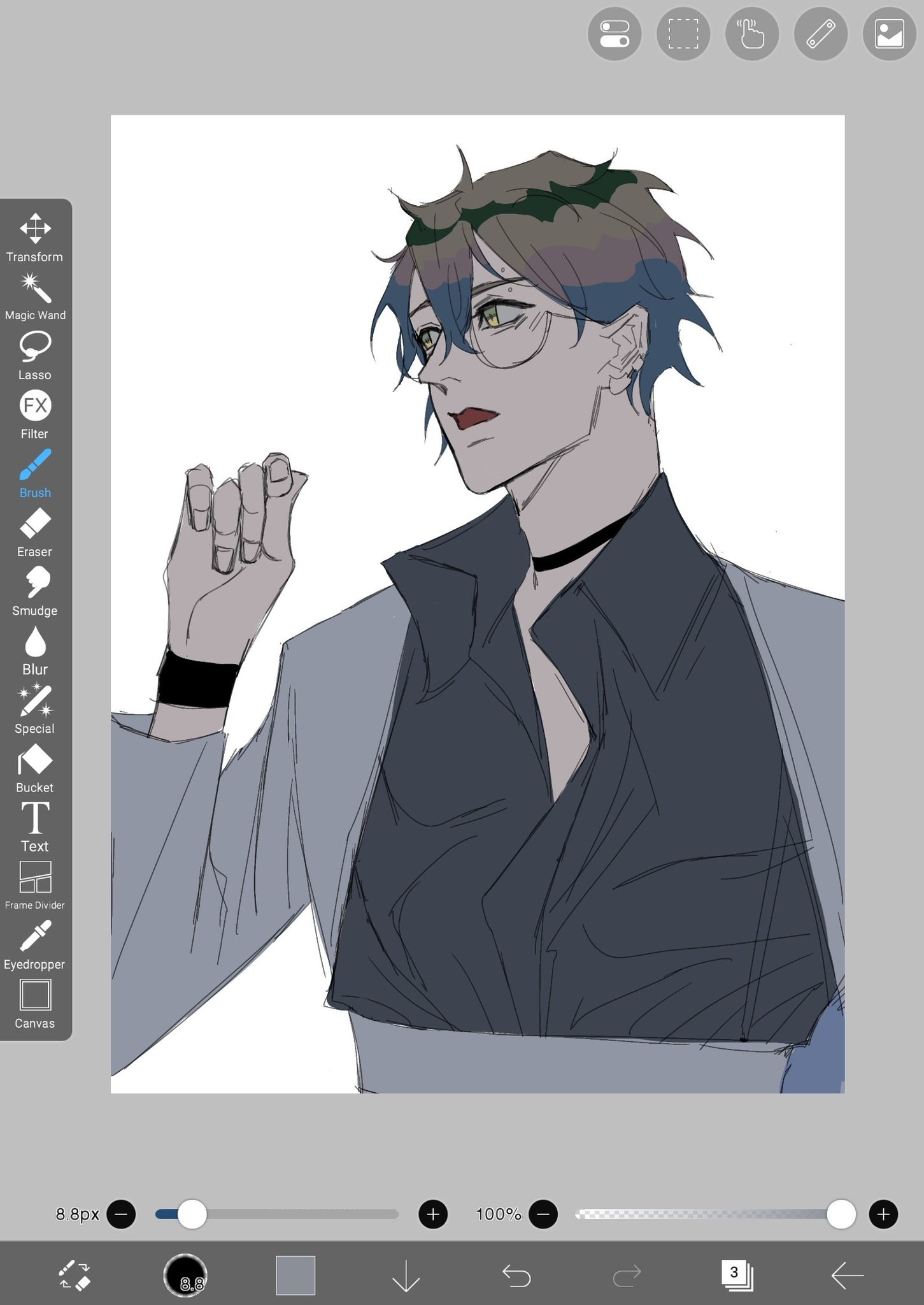 this is a digital art piece that appears to be a drawing of a young male anime character. the character has blue hair and green eyes. he's wearing glasses and  has a black suit jacket and a white shirt underneath. he's looking to the left side of the image.  the art style is sketched and uses many lines, leaving the image unfinished.  there are tools on the side of the image that imply that this is a digital illustration on an art program.