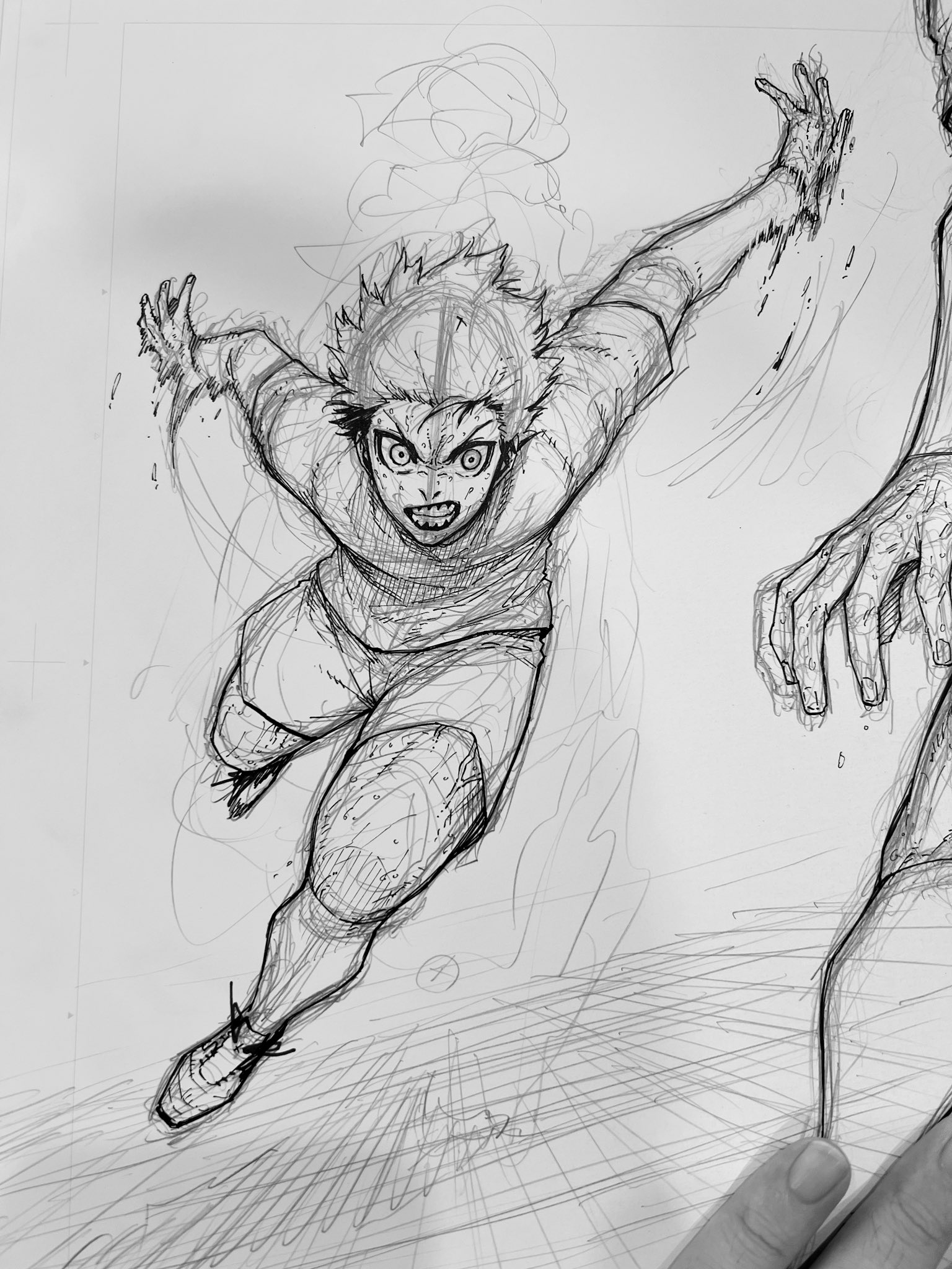 the image is a closeup shot of a dynamic penandink sketch depicting an animestyle male character in midrun, seemingly in the midst of a fierce athletic pursuit or fight.  the character has a determined, almost aggressive expression, with eyes wide and mouth open. his clothing suggests sportswear. the style is reminiscent of manga or comic book art, with strong lines and shading that create a sense of speed and motion.  there are visible sketch lines and shading, indicating the work is a work in progress. the bottom right corner shows a hand holding the paper, suggesting the artist's involvement in the creative process.  a second, partially visible figure seems to be interacting with the main character.  the overall feel is energetic and intense.