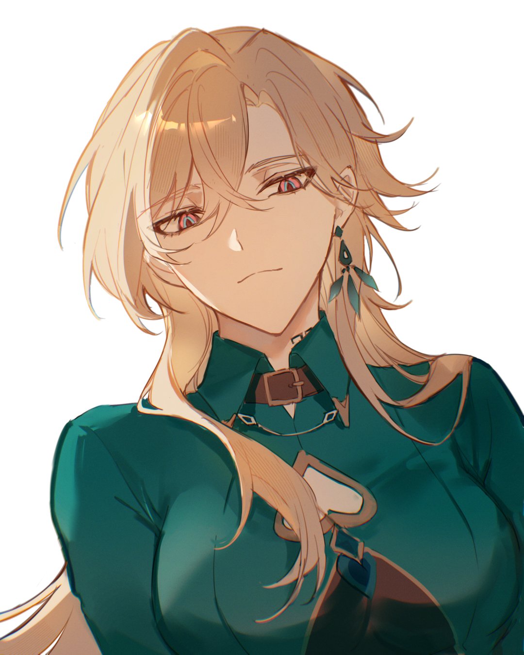 this is a digital illustration of a cute anime girl with long blonde hair. she has red eyes and is wearing a green shirt with a collar. the image is done in a soft and delicate style.