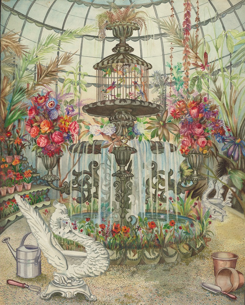 a watercolor painting depicts the interior of a greenhouse or conservatory filled with a variety of plants and flowers. in the center is a tiered fountain with cascading water and an ornate birdcage perched on top, filled with colorful birds. surrounding the fountain are potted plants and flowers. in the foreground, a swanshaped planter sits next to a watering can and trowel, suggesting a gardening scene. additional gardening tools and flower pots are scattered on the ground. the structure is enclosed by a glass dome, allowing natural light to illuminate the vibrant botanical display.