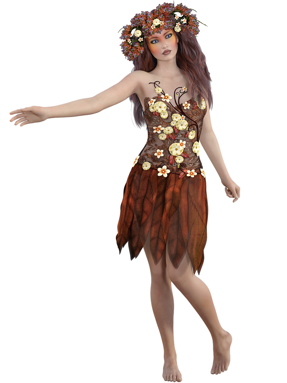 an image of a fantasy woman with a floral crown standing barefoot. she is wearing a dress decorated with flowers and leaves. the dress is short, with a top part embellished with flowers and a skirt made of brown leafshaped segments. the woman is fairskinned with reddish hair and lightcolored eyes. she has one arm extended to the side. the background is black.