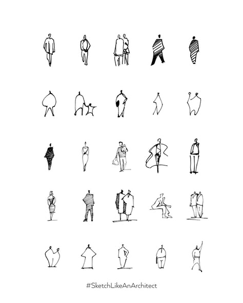 a white background with 24 black and white stick figure drawings of people with the caption "sketch like an architect" at the bottom.  the figures are simple lines representing people in different poses, some are walking, standing, sitting or holding hands.  some have details like hats, bags, and other accessories.