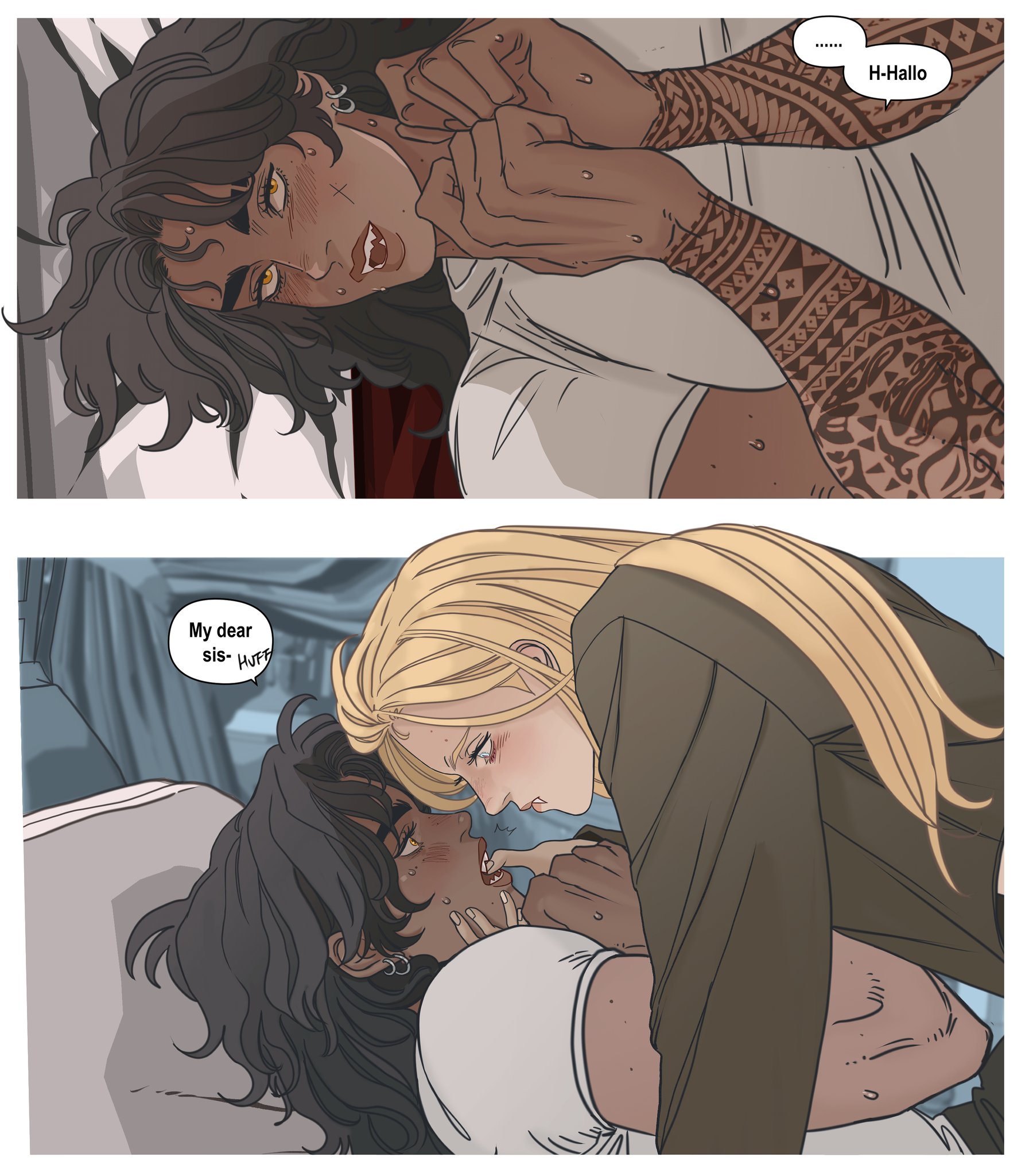 the image is a twopanel comic strip depicting a lesbian encounter. in the top panel, a darkhaired woman with golden eyes and intricate arm tattoos is lying down, her hands clasped together, with a speech bubble above her that says "hhallo." in the lower panel, a blondhaired woman is leaning over the darkhaired woman, their faces close, with a speech bubble that says "my dear sis huff". the scene conveys a sense of tension and intimacy between the two characters.