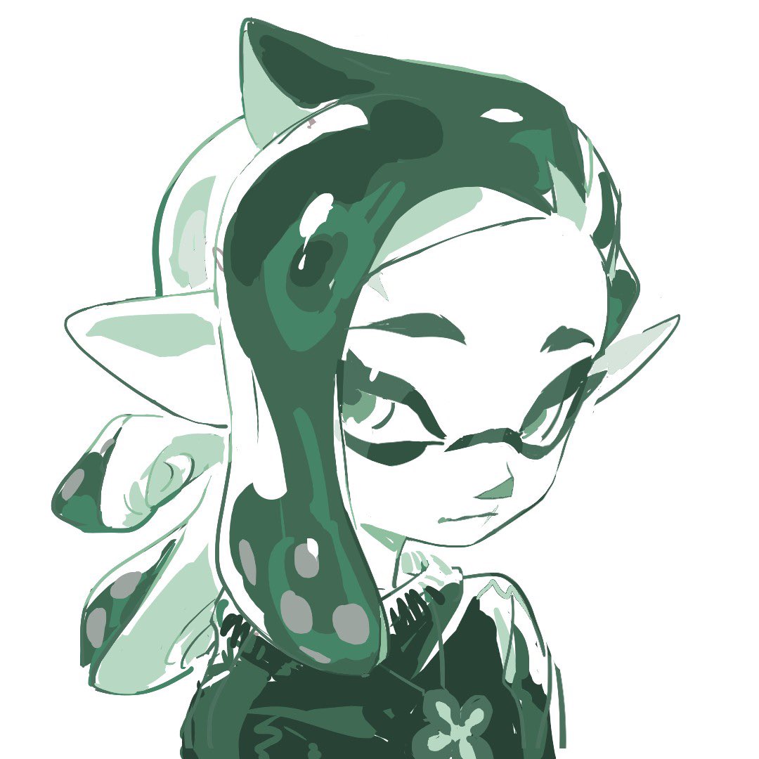 this image is a drawing of an anime girl, an inkling or octoling from the video game splatoon. she is wearing a green jacket and has long, green hair. her eyes are closed and she is looking down at the ground. the drawing is done in a cartoon style.
