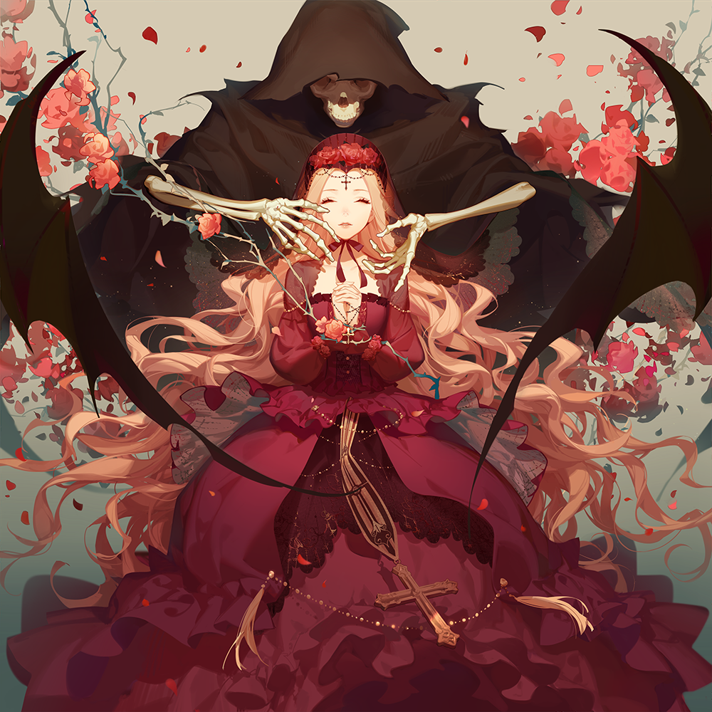 an animestyle image features a woman in a dark fantasy setting. she has long, blonde hair and wears a red gothic dress, a veil with roses, and a cross necklace. behind her is a cloaked figure resembling the grim reaper, with a visible skull. skeletal hands reach out towards the woman, holding thorny branches with roses. dark, batlike wings are also present. the background is filled with more roses and branches.