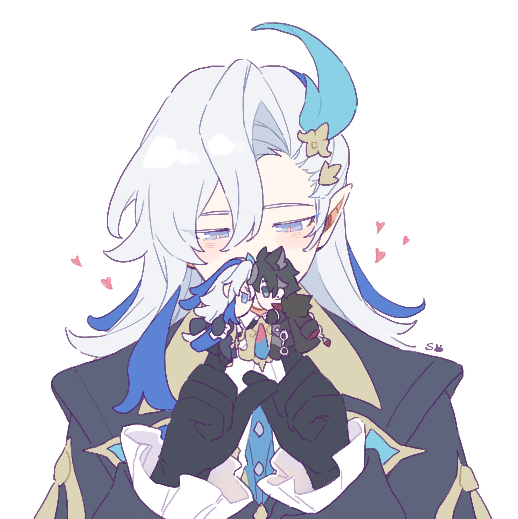 the image is a piece of fanart depicting albedo from genshin impact in a chibi style.  he's holding smaller chibi versions of klee and sucrose close to his face, seemingly affectionately.  albedo's signature white hair and blue accents are clearly visible, as are the distinctive features of klee and sucrose. the art style is soft and pastel, with heart shapes scattered around to emphasize the tender scene. there is an artist's signature subtly placed in the artwork.