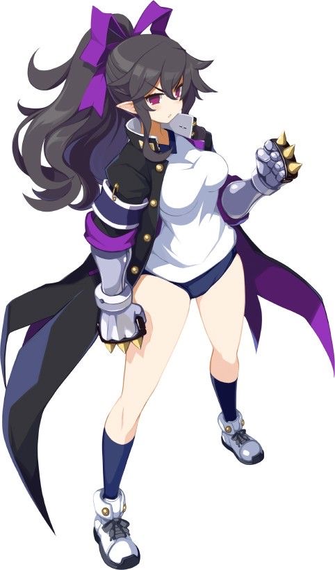 this is an animestyle image of a young female character with long, dark purple hair tied back in a ponytail with a purple bow. she's wearing a white shirt with black sleeves, a black jacket with purple accents, and purple shorts. she's wearing black kneehigh socks and white boots. she has a determined look on her face and is in a fighting stance, one arm raised and with a metal glove.