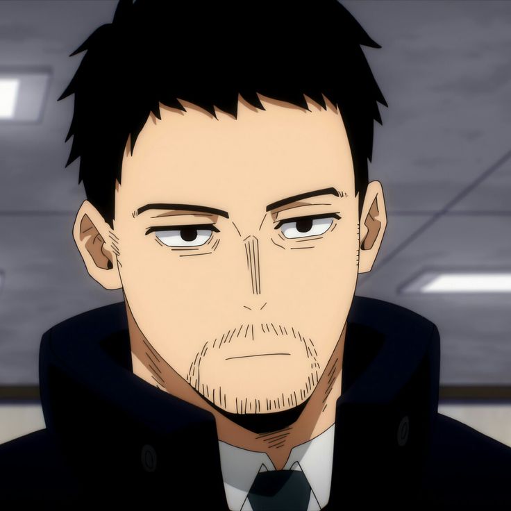 a closeup portrait of a seriouslooking anime character. he is a man with black hair, a beard, and a mustache. he is wearing a black suit jacket with a white shirt and a tie. the background is a blurred grey and white interior.