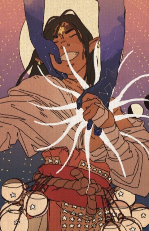 a digital illustration depicts a smiling elven female character with long dark hair, a white or creamcolored garment, and a red belt with stars.  a large celestial body with a crescent moon on it and a starry sky are in the background. the character's hands are gripped by an unseen being, and tendrils of light emanate from the character's chest, as if an energy burst is coming from their being.  this image has a strong sense of fantasy and whimsy, and the elven female looks magical, almost celestial.