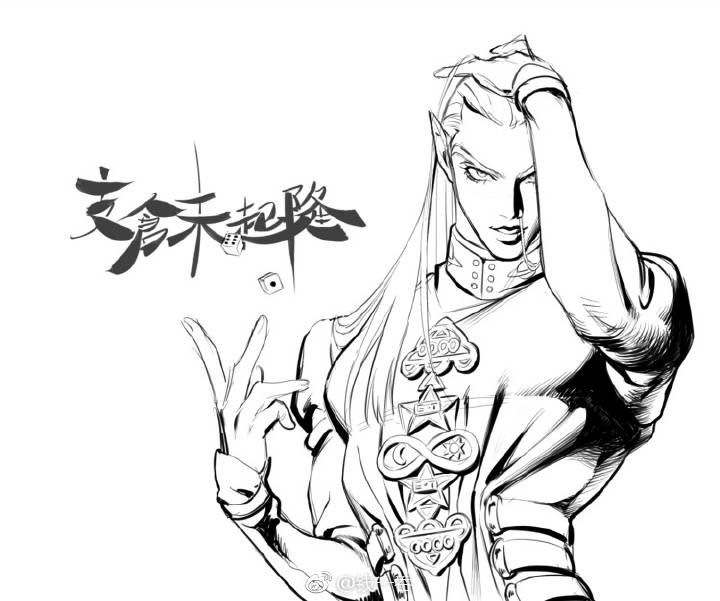 the image is a black and white line drawing of a stylized female character. she has long, flowing hair, and is depicted in a confident pose, one hand on her head, the other gesturing. her attire suggests elegance and perhaps a hint of mystery, with intricate details on her clothing. the background features chinese characters and dice, suggesting a possible theme of gambling or fate. the style is reminiscent of anime or manga, with strong lines and expressive features. the overall mood is one of confidence and intrigue.
