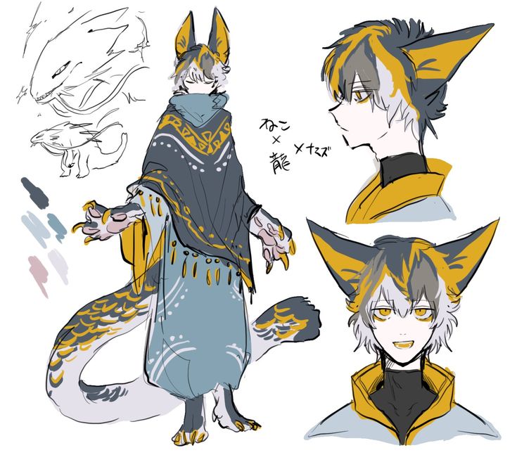 a digital sketch of an anime character. the character is a hybrid of a cat and dragon. it has a long tail, cat ears, and a dragonlike head. the character is wearing a long robe and has a mischievous expression on its face. the art style is somewhat rough, suggesting it is a draft or concept.