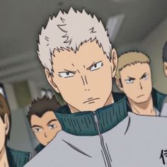 the image is a digital illustration of a group of young men, likely anime characters. they have a determined look on their faces and appear to be part of a team, possibly a sports team. they are indoors and illuminated by bright, artificial lighting. the color scheme leans towards grayscale with subtle hints of color.
