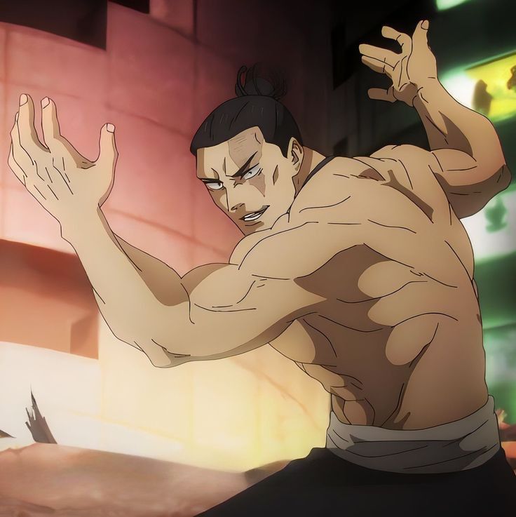 the image features a muscular, barechested man in a dynamic fighting stance. his intense expression and rippling muscles convey a sense of power and readiness for combat. he is positioned indoors, illuminated by warm, artificial lighting. the perspective is a side view, showcasing the full extension of his body and the focused intensity in his eyes. his attire appears to be traditional japanese garb, further emphasizing the martial arts theme.