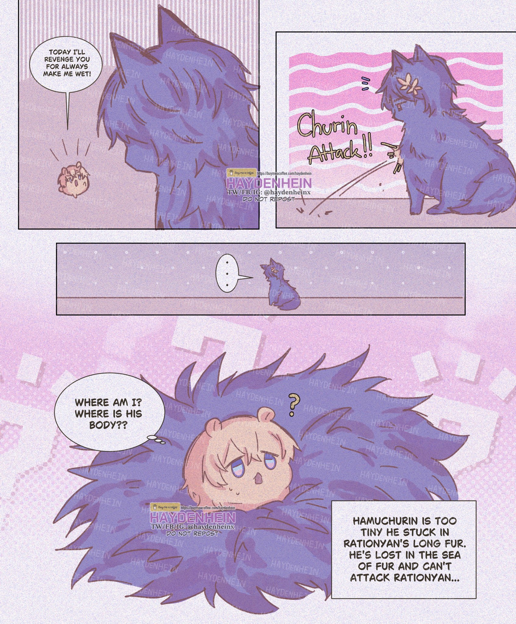 the comic shows a scene of a cute furry blue cat with white markings and a small pink bunny in its arms. the cat,  churin, is laughing mischievously and the bunny is looking sad. this is followed by a scene of a smaller furry blue cat with white markings lying in a pile of fur.  a dialogue box states that the smaller cat is lost in the fur of the larger cat and unable to attack the bunny, rationyan.