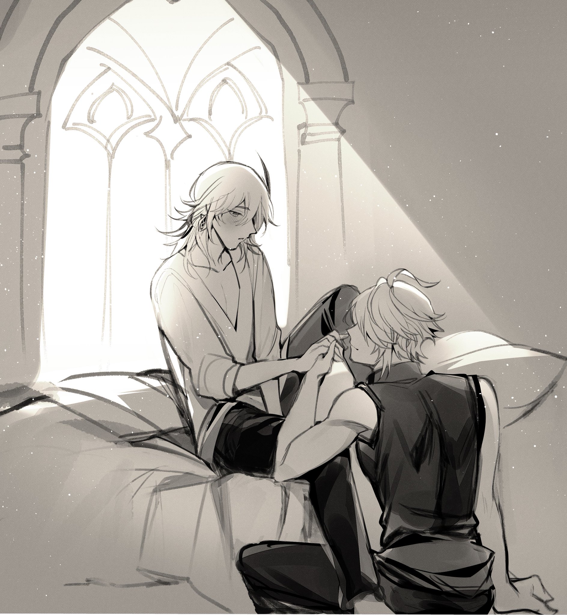 the image depicts a romantic scene between two anime boys. one boy, with long, flowing hair, is sitting on a bed, gazing lovingly at the other boy.  the other boy is kneeling before him, reaching out to gently touch his face. the two boys seem to be in a very intimate and tender moment, with the soft light of the window highlighting their closeness. the black and white colour palette creates a sense of intimacy and vulnerability. the image suggests a sweet and loving relationship between the two boys.