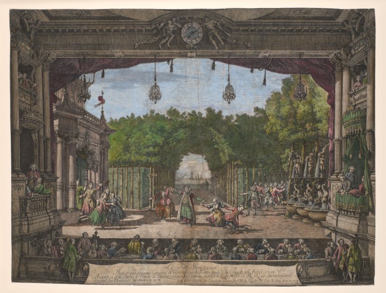 the image depicts an 18thcentury theater scene, likely an engraving, with a stage set for a performance. actors in period costumes are seen midaction, watched by an audience seated in front of the stage. the stage design incorporates elements of baroque architecture, with ornate columns and a proscenium arch. a garden setting is visible behind the actors, complete with trees and water features. chandeliers hang from above, and a clock is positioned above the arch.