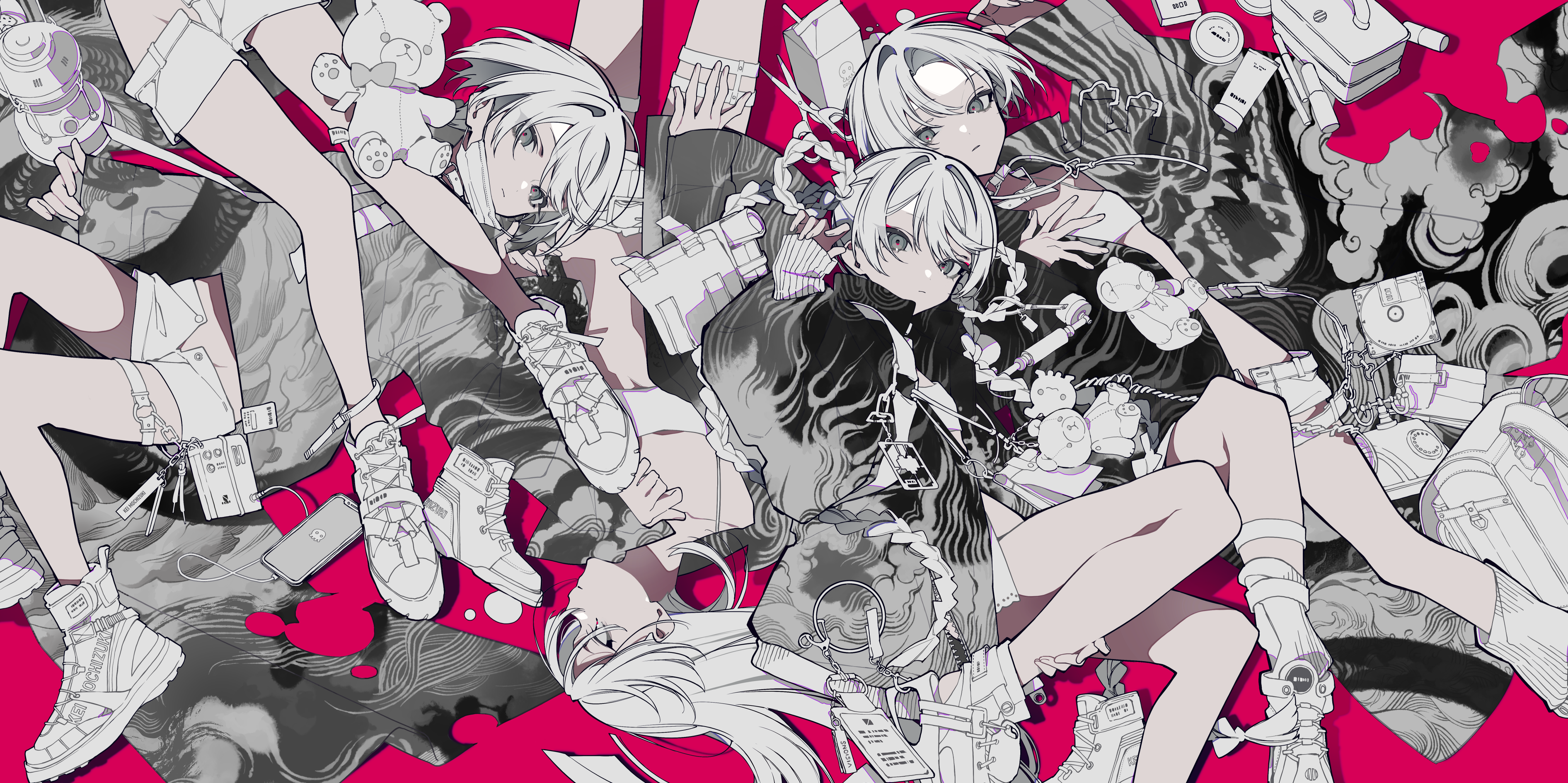 the image is an animestyle illustration featuring multiple young women with white hair lying down amongst various objects. the style is predominantly grayscale, with a vibrant red background. they are depicted in fashionable clothing including short shorts and sneakers, accompanied by accessories, personal items, and technological gadgets. the arrangement and objects create a surreal and chaotic scene.