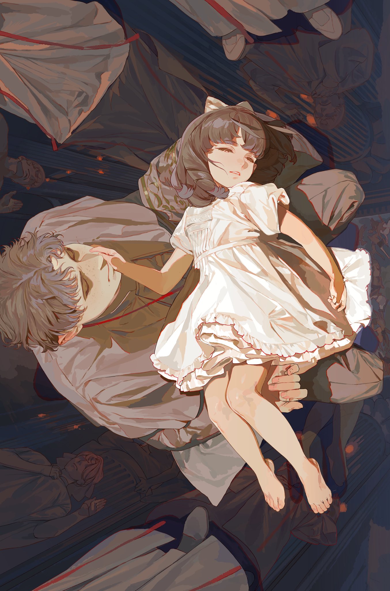 the image is an animestyle illustration featuring a young girl in a white dress lying on top of a man. both figures appear to be sleeping or resting. the girl has short brown hair with a bow, and the man has short grey hair. they are surrounded by multiple other figures in similar positions, creating a surreal and dreamlike atmosphere. the overall color palette is muted with a dark background, enhancing the image's ethereal quality.