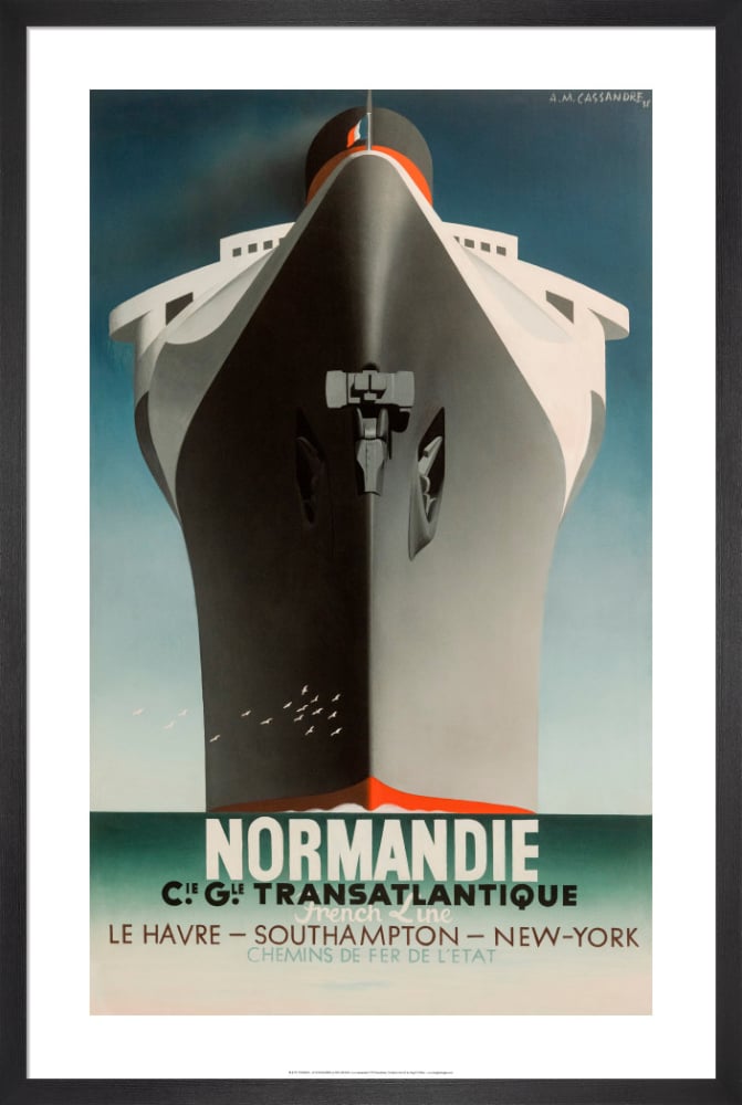 this is an art deco style poster advertising the french ocean liner normandie. it depicts the bow of the ship from a low perspective, emphasizing its size and grandeur. the text at the bottom promotes the compagnie générale transatlantique (cgt) and lists the ship's route: le havre, southampton, new york. the color scheme is predominantly blue, white, and gray, reflecting the colors of the sea and sky.