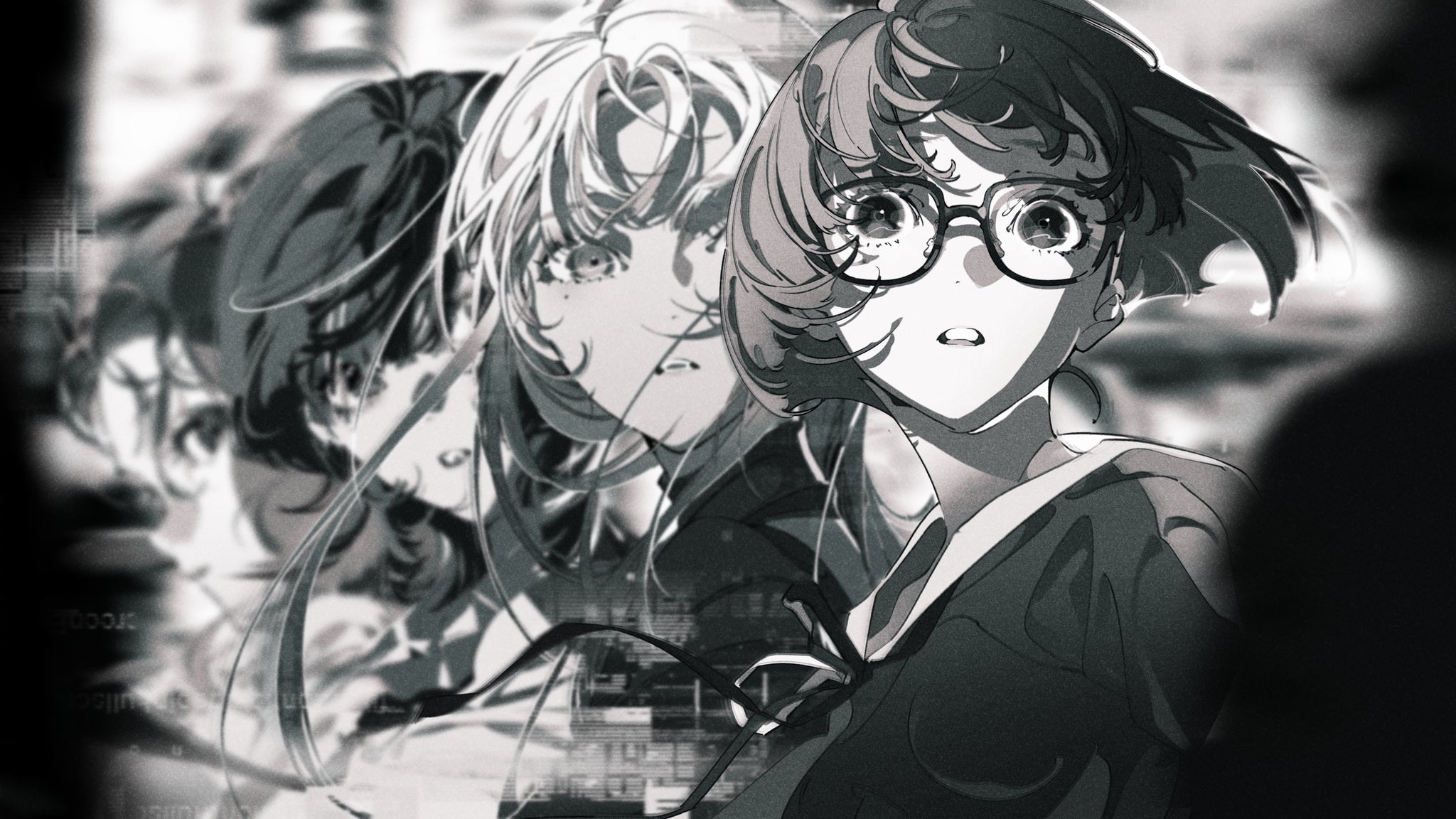 a grayscale anime portrait of two girls. the foreground girl is focused and wearing glasses, while the girl in the background is blurred and out of focus. both girls have expressions of sadness and sorrow. the art style is digital and stylized. the image is monochromatic, adding to the somber mood.