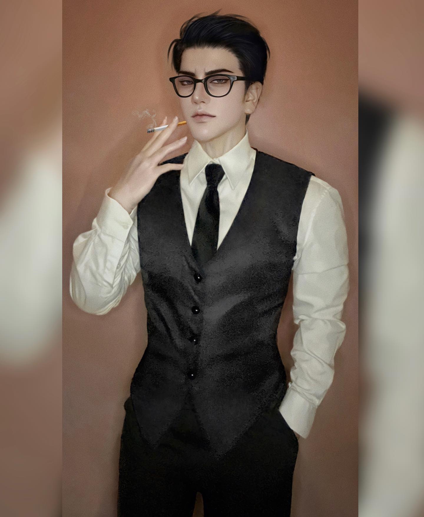 a man in a black suit and white shirt is smoking a cigarette. he is wearing glasses and has a serious expression on his face. the photo is taken closeup and shows the man's face and upper body. he is standing in a room with a light brown background. the man is handsome and elegant, with a sophisticated style. he appears to be in his late teens or early twenties.