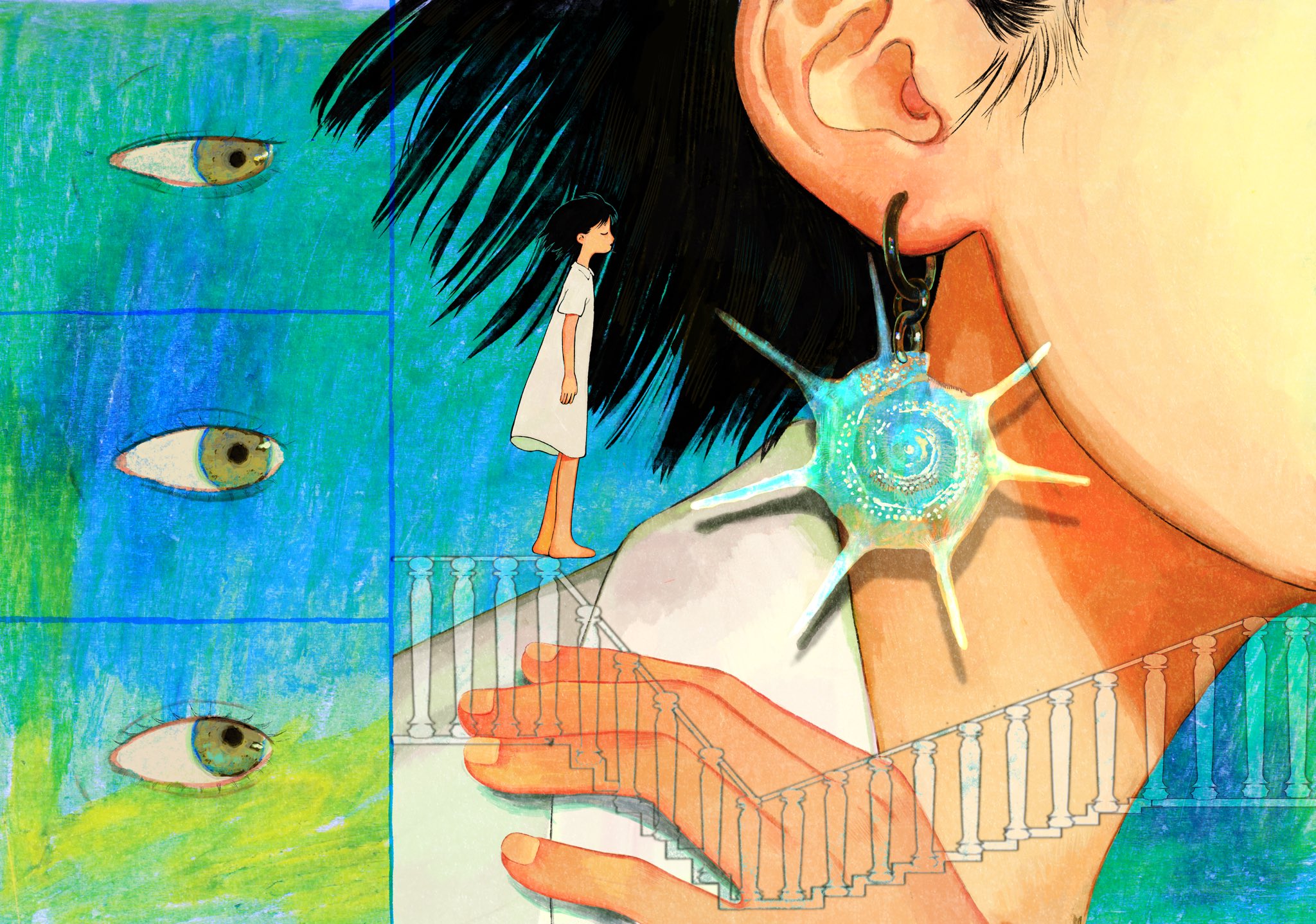 the artwork presents a surreal and dreamlike scene. a woman with long black hair, partially obscuring her face, is the central figure. she wears a large, ornate, starfishshaped earring.  in the background, a smaller girl in a white dress stands on a staircase that appears transparent and superimposed over the woman's shoulder and hand.  three stylized eyes are depicted in a repeated pattern on a turquoise and green background, adding to the artwork's dreamlike and slightly unsettling mood. the overall style blends aspects of painting and illustration, with visible texture and a color palette that is both bright and muted. the image could be interpreted as exploring themes of perception, dreams, and the relationship between different generations or perspectives.