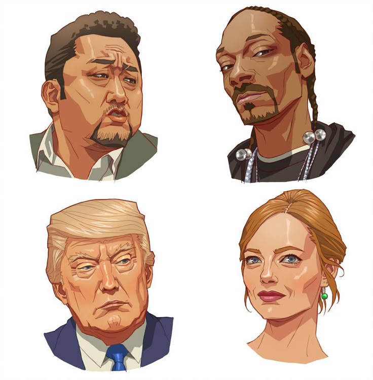 the image shows cartoon portraits of ma dongseok, snoop dogg, donald trump, and gillian anderson.