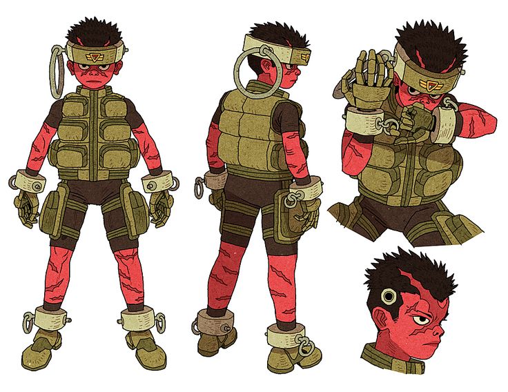 the image is a digital illustration of a character design. the character is a young boy with red skin and hair, he has a futuristic looking armor and weapons on his body. the image shows the character from different angles. the overall aesthetic is anime or manga inspired.