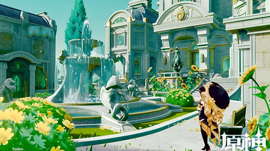 this image appears to be a promotional still from the video game genshin impact, possibly showcasing a new region or area.  the scene is set in a meticulously designed courtyard with a large, ornate teal fountain as the centerpiece.  surrounding the fountain are beautiful buildings in a lightcolored, almost pastel, architectural style suggestive of fontaine. the architecture blends classical and fantasy elements.  the garden is filled with lush greenery and vibrant yellow sunflowers. a character from the game, wearing a yellow and black outfit is walking by, slightly out of focus. the overall atmosphere is peaceful and idyllic.