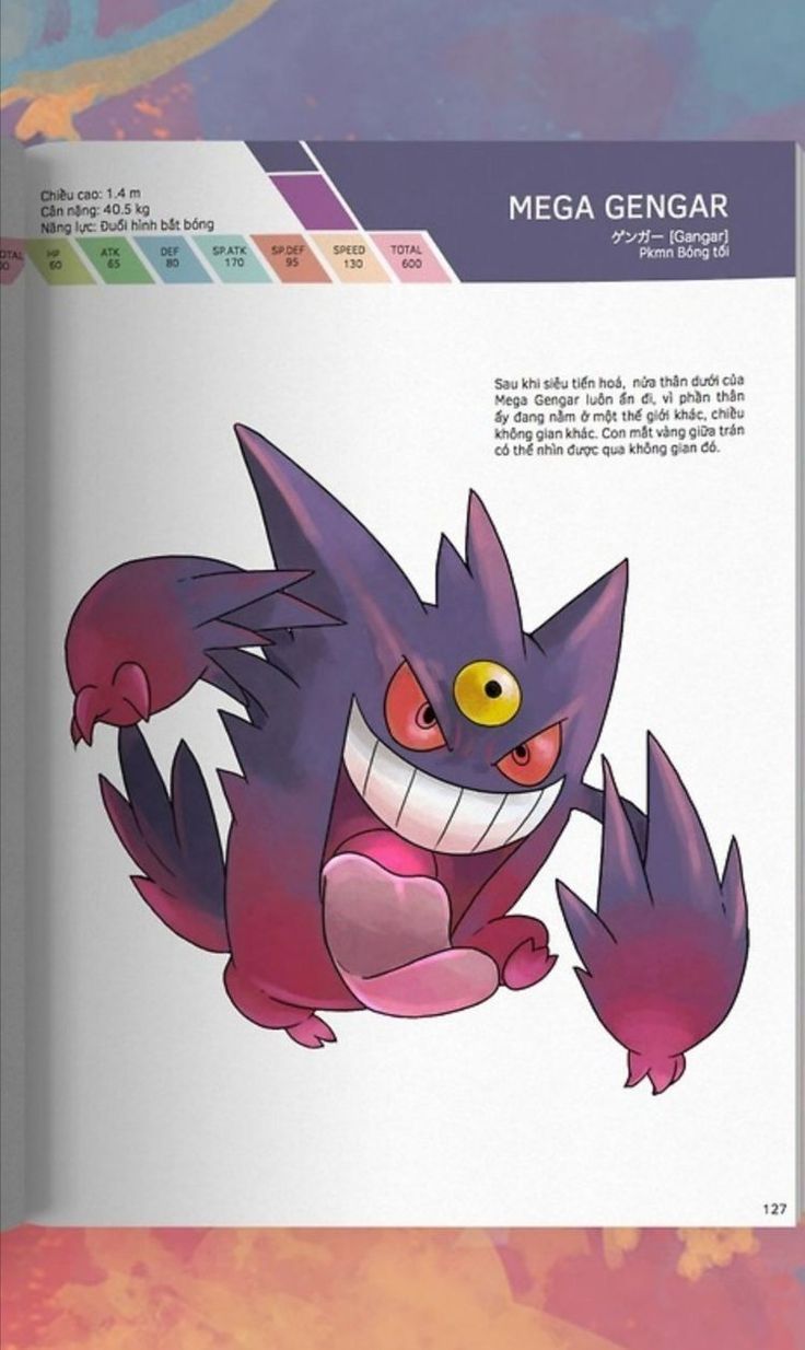 he image is a page from a pokémon guide or encyclopedia featuring mega gengar.  it includes mega gengar's artwork, its stats (height, weight, attack, defense, special attack, special defense, speed, and total), and a description of its abilities in vietnamese. the description mentions its ability to exist partially in another dimension.  the overall style is consistent with pokémon media, using vibrant colors and a playful depiction of the character. the page number 127 is visible at the bottom right.