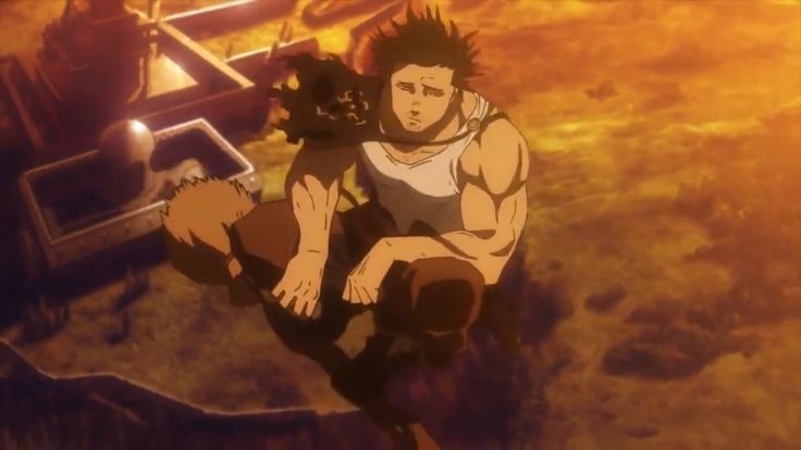 a still image from the popular anime series black clover. the image focuses on asta, the protagonist, in the midst of battle. he is using his demonic power and looks grim, ready to fight. the background is a blur of orange and yellow, suggesting a powerful magical energy or attack.
