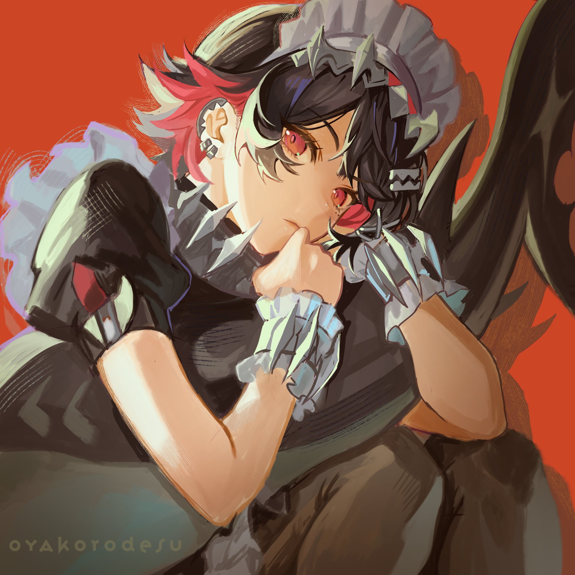 this anime illustration depicts a cute yet somewhat frightening girl with black hair and red eyes dressed in a maid outfit