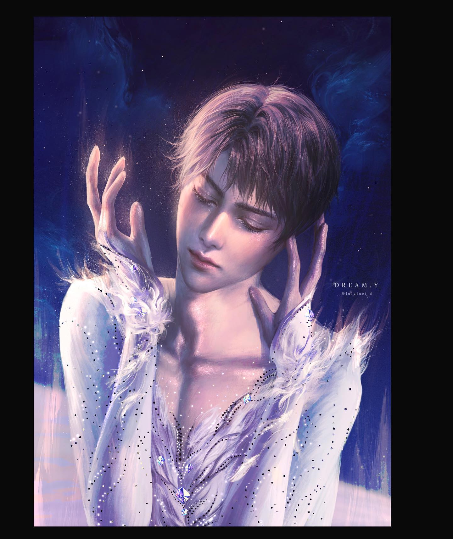 the image showcases a young man in an ice skating costume, seemingly caught in a moment of reflection or emotion during a performance. he is bathed in a dramatic spotlight against a backdrop of a dark blue night sky filled with subtle smoke, evoking a sense of awe and magic. his pose is graceful, with his eyes closed and hands raised, suggesting a connection to the music or the audience. the artwork employs a soft, ethereal style, highlighting the elegance and artistry of figure skating.