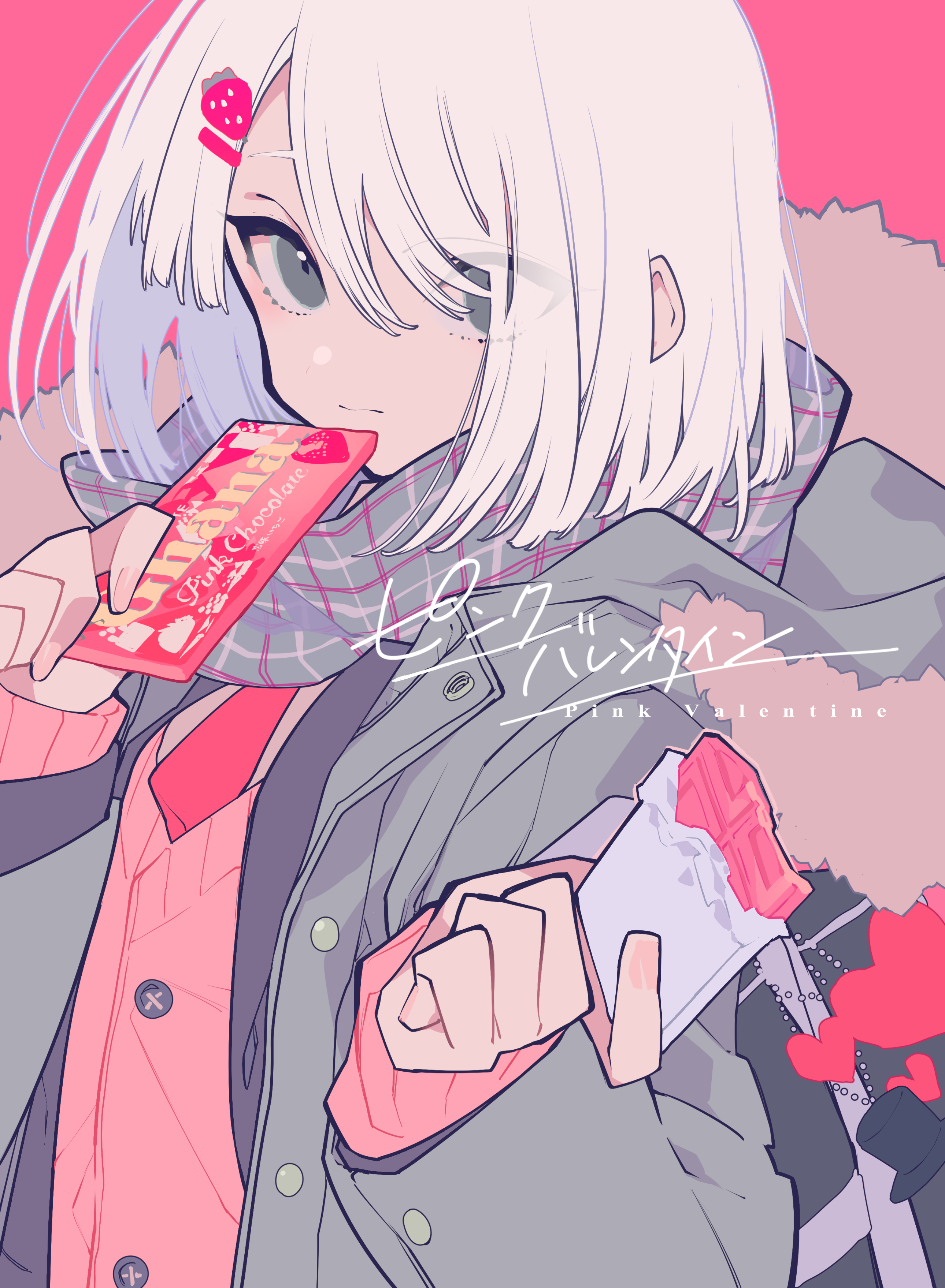 an animestyle illustration shows a girl with short, white hair and gray eyes, wearing a pink sweater and gray jacket with a scarf. she is holding and eating a pink chocolate bar, and there is an open chocolate bar in her other hand. a strawberry hair clip adorns her hair. japanese text and the phrase "pink valentine" are included in the artwork.