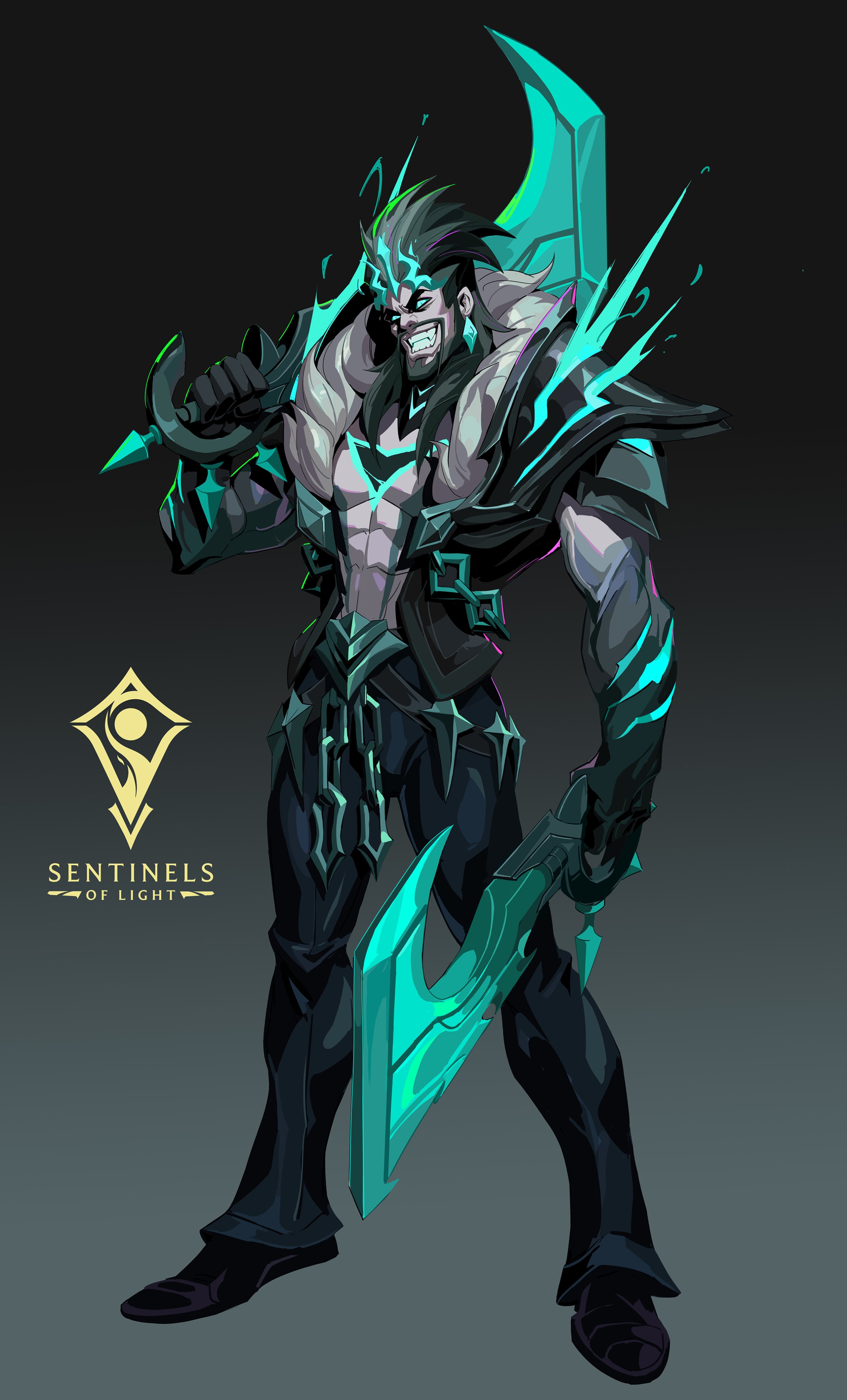 this is a digital painting of lucian, a champion from the video game league of legends, as part of the sentinels of light event.  he is depicted in a dark and stylish outfit accented with teal glowing energy effects on his weapons and body. he is holding two large, scythelike weapons, one in each hand, and has a confident, powerful pose. the background is a dark grey.  the "sentinels of light" logo is visible in the lower left corner. the art style is sharp and detailed, with a focus on dynamic lines and color contrast.