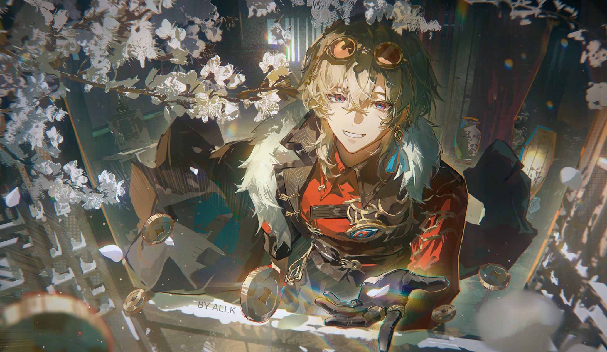 the image is a digital illustration of dottore, a character from the video game genshin impact. he is depicted as an animestyle male character with lightcolored hair, goggles on his head, and a coat with fur trim. he is smiling and appears to be reaching out with one hand. around him are scattered coins and white flowers. the background includes glimpses of an interior with vases and other objects. the art style is detailed and painterly, with a focus on lighting and atmospheric effects.